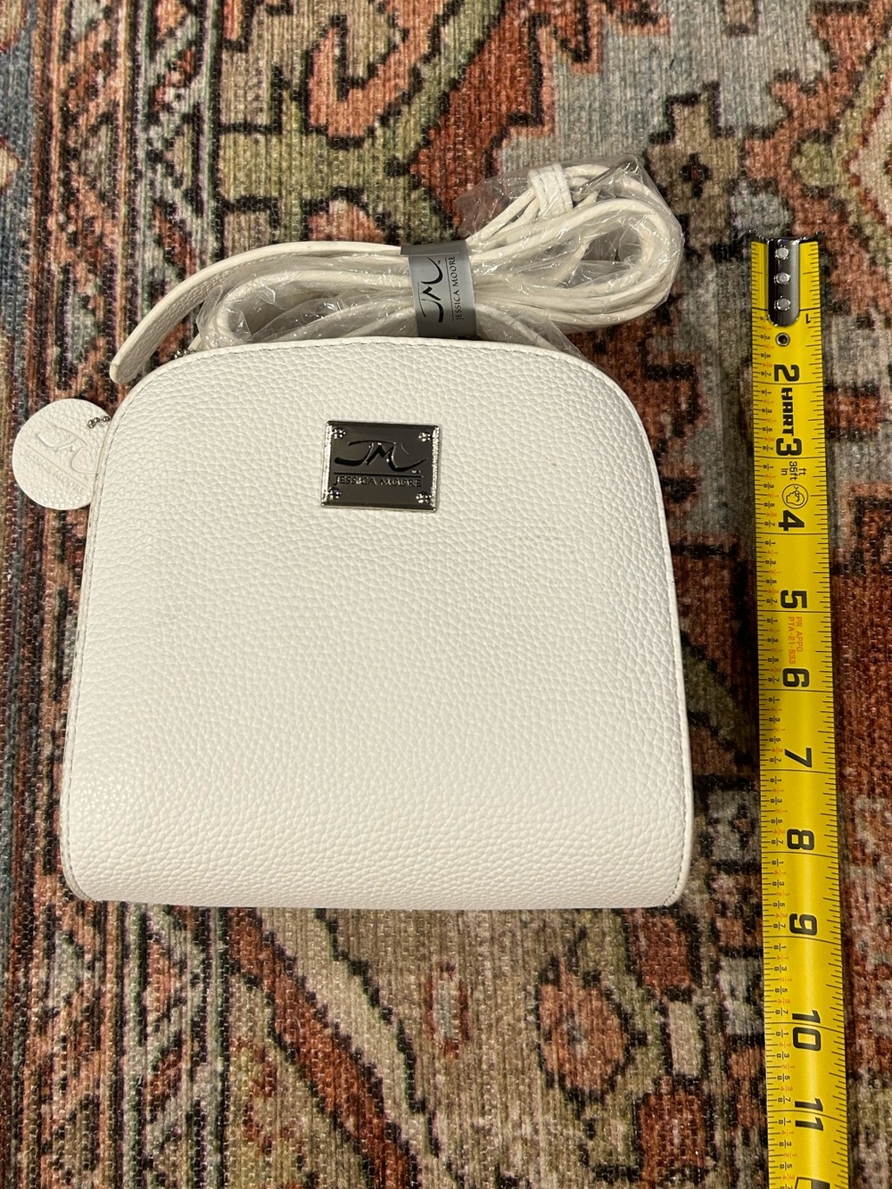 Jessica Moore White Pebbled Crossbody Bag with Metal Logo Plaque